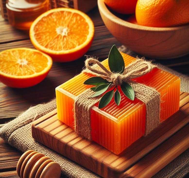 a picture of orange colored soap, on a wooden table, with some oranges in a bowl beside it