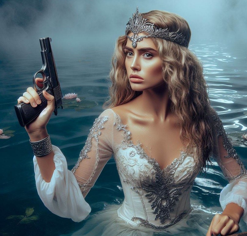 lady of the lake from king arthur tales, but she's holding a gun