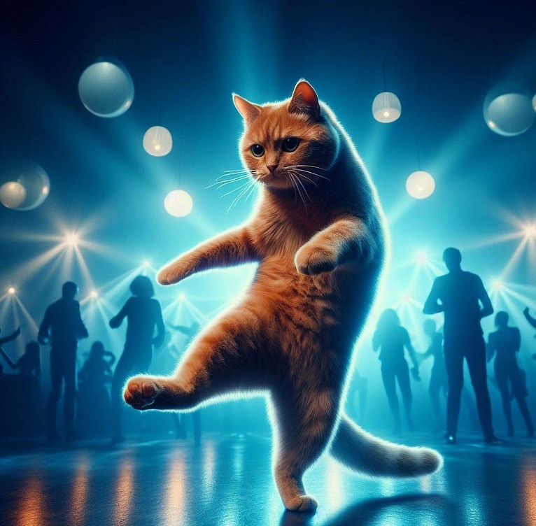 orange tabby dancing alone in the night club