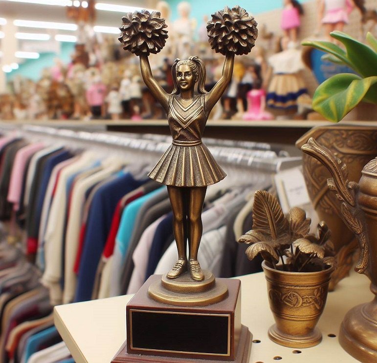 bronze cheerleader trophy on a shelf in a thrift store