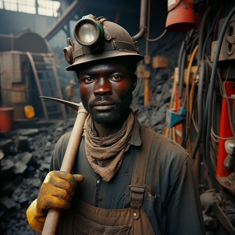color picture dirty man in a coal mine with a pickaxe