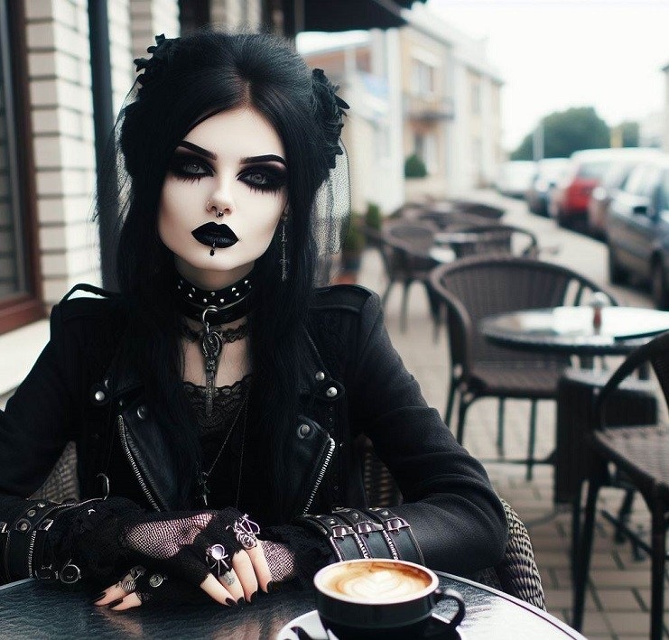 goth woman sitting at an outside table of a coffee shop