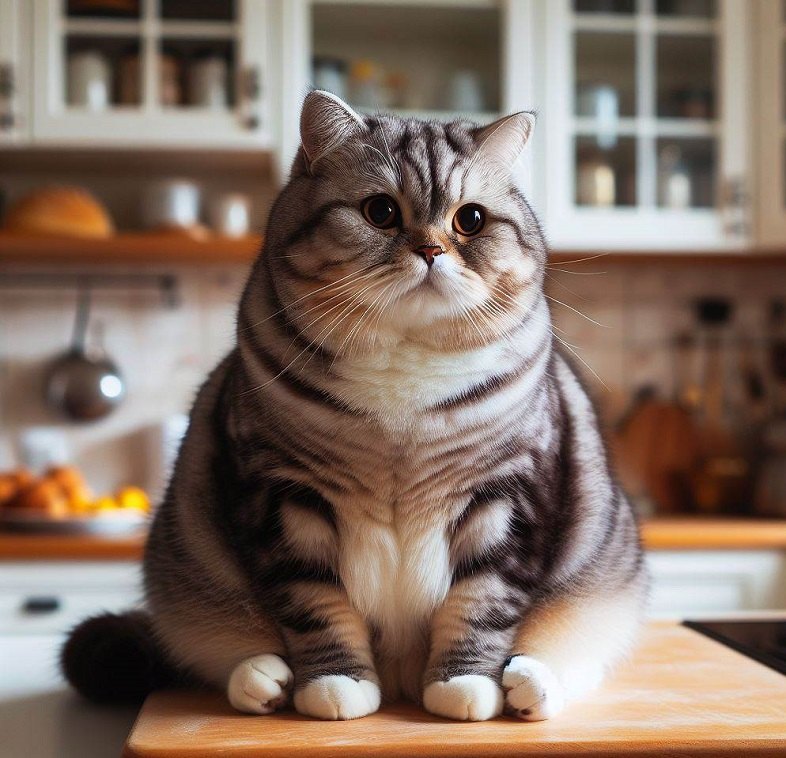 a chubby cat sitting on the kitchen counter