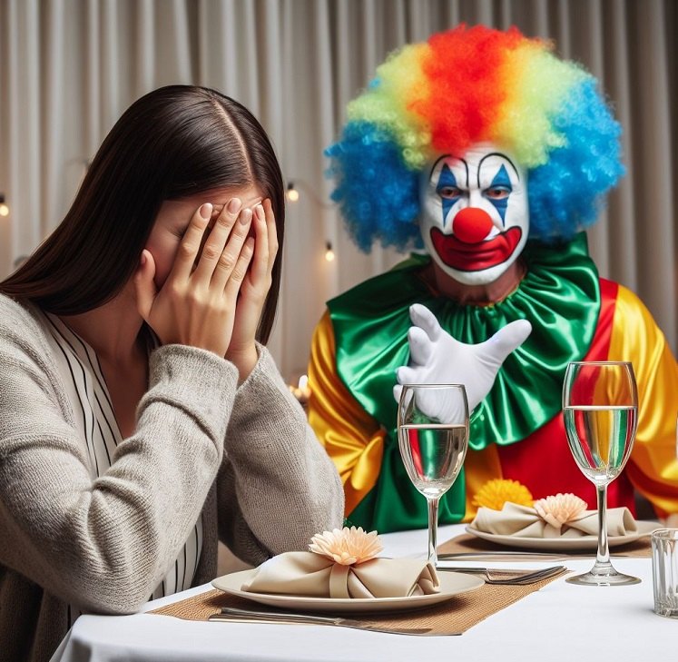 an embarrassed woman at a nice dinner, sitting across from a clown
